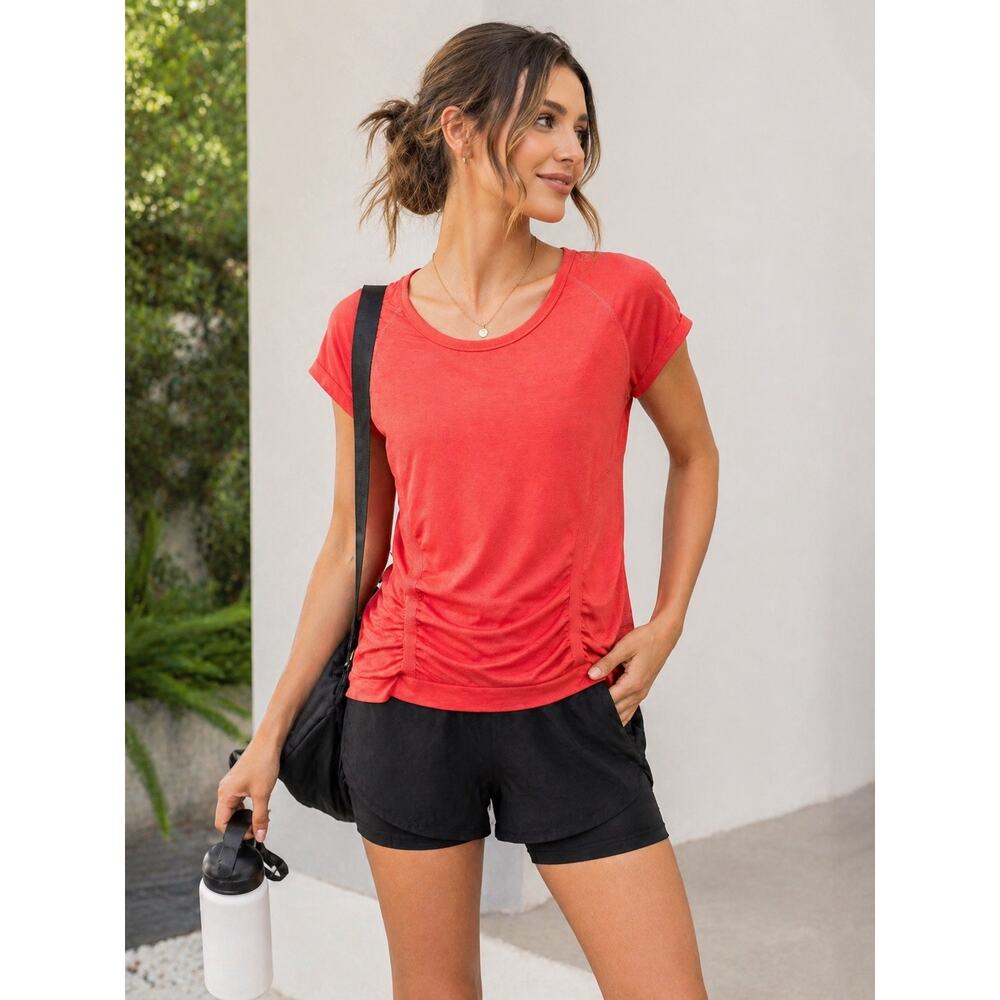 Athleta‎ Fastest Track Tee Womens Medium Coral Ruched Seamless Yoga Pilates Gym
